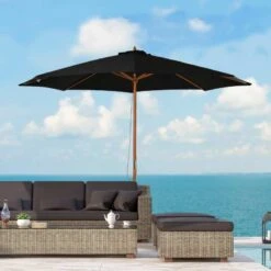 Outsunny 3m Bamboo Wooden Patio Umbrella 6 Ribs - Black - 840-065BK