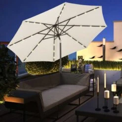 Outsunny Tilt Patio Parasol With 24 LED Light & Hand Crank - White - 840-125CW