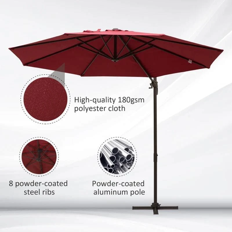 Outsunny 3m Cantilever Parasol With Aluminium Frame - Wine Red - 840-126WR 9 Outsunny 3m Cantilever Parasol With Aluminium Frame - Wine Red - 840-126WR - Image 9
