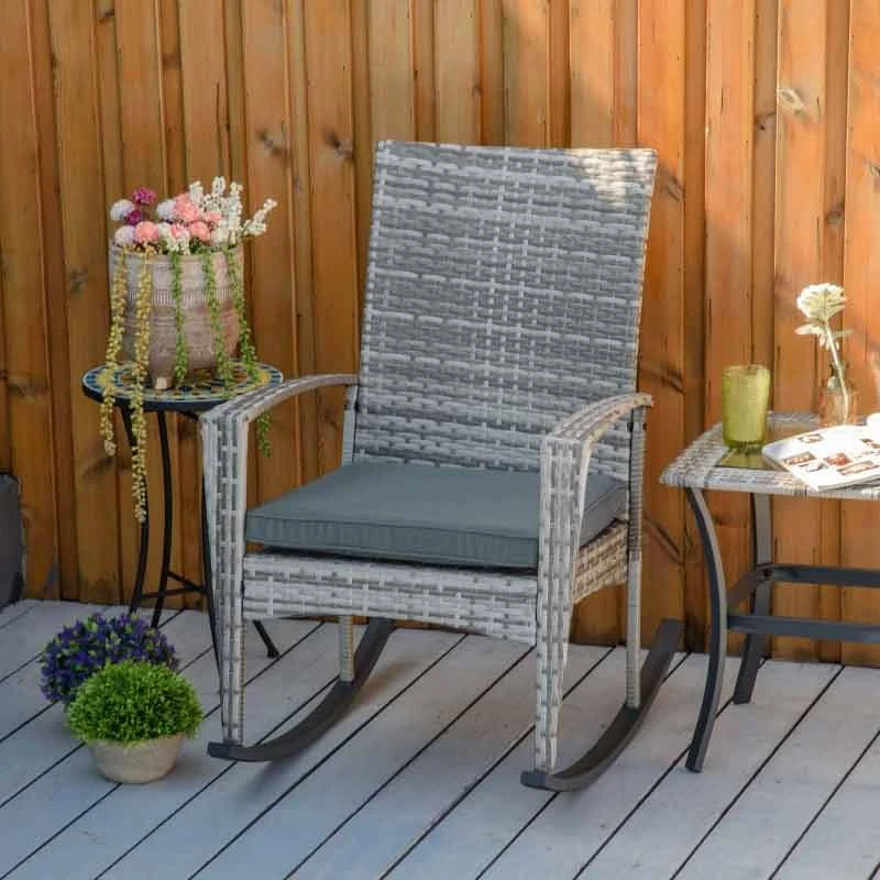 Outsunny Rattan Garden Rocking Chair With Cushion - Light Grey - 841-146LG 1 Outsunny Rattan Garden Rocking Chair With Cushion - Light Grey - 841-146LG