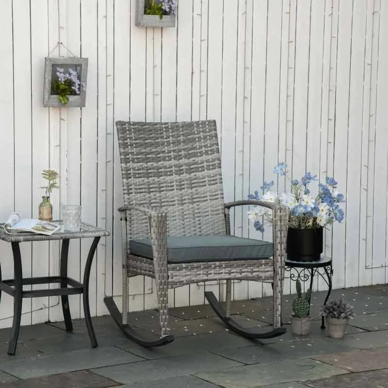 Outsunny Rattan Garden Rocking Chair With Cushion - Light Grey - 841-146LG 2 Outsunny Rattan Garden Rocking Chair With Cushion - Light Grey - 841-146LG - Image 2