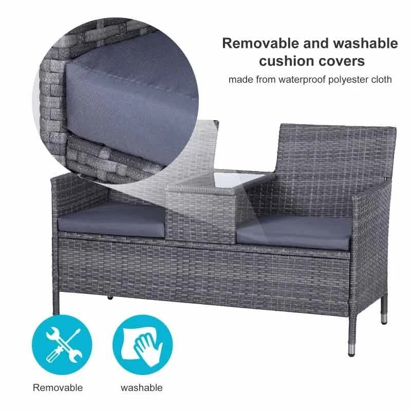Outsunny 2-Seater Rattan Garden Bench With Centre Table Grey - 841-149GY 9 Outsunny 2-Seater Rattan Garden Bench With Centre Table Grey - 841-149GY - Image 9