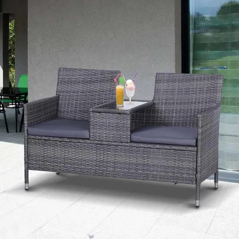 Outsunny 2-Seater Rattan Garden Bench With Centre Table Grey - 841-149GY 2 Outsunny 2-Seater Rattan Garden Bench With Centre Table Grey - 841-149GY - Image 2