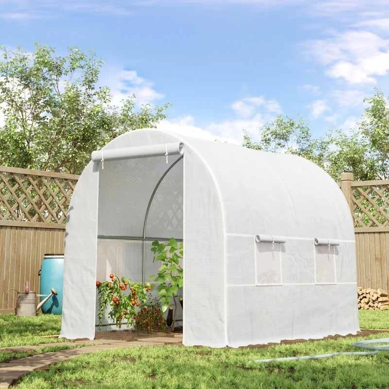 Outsunny Walk In Greenhouse With Roll-up Door & Windows 250L X 200W X 200Hcm - White - 845-071 1 Outsunny Walk In Greenhouse With Roll-up Door & Windows 250L X 200W X 200Hcm - White - 845-071