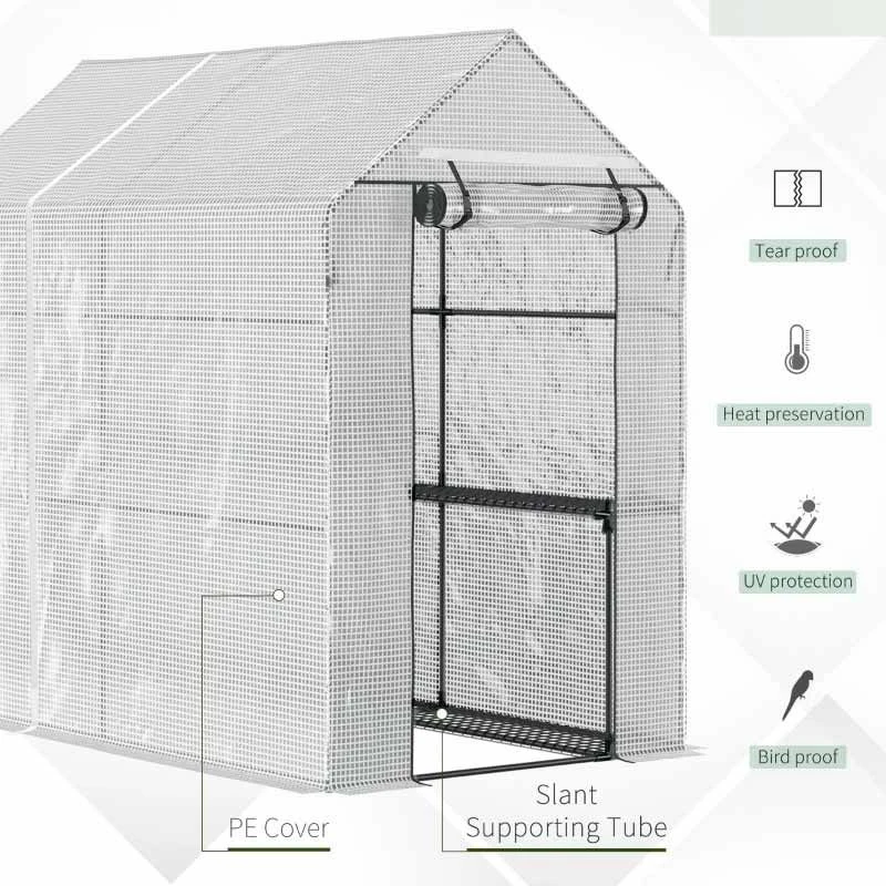 Outsunny 6 X 4ft Walk In Steeple Polytunnel Greenhouse With Four Shelves - White & Green - 845-306V01 4 Outsunny 6 X 4ft Walk In Steeple Polytunnel Greenhouse With Four Shelves - White & Green - 845-306V01 - Image 4