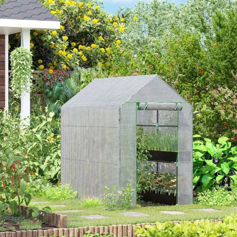 Outsunny 6 X 4ft Walk In Steeple Polytunnel Greenhouse With Four Shelves - White & Green - 845-306V01 1 Outsunny 6 X 4ft Walk In Steeple Polytunnel Greenhouse With Four Shelves - White & Green - 845-306V01