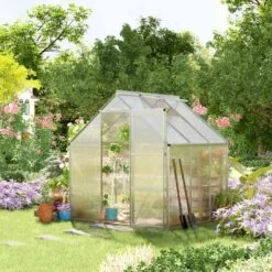 Outsunny Walk-In Polycarbonate Greenhouse With Sliding Door & Roof Vent 193W X 187D X 205Hcm - Silver - 845-334V01