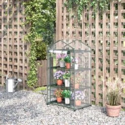 Outsunny 3 Tier Mini Greenhouse With Wire Shelves 69L X 49W X 125Hcm - Clear & Dark Green - 845-606