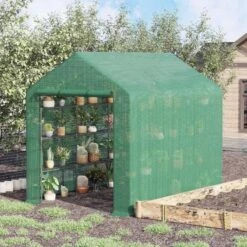 Outsunny Polytunnel Walk-In Greenhouse With Removable Cover & Shelves 244L X 180W X 210Hcm - Green - 845-696
