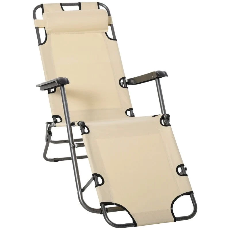 Outsunny Reclining Sun Lounger With Pillow - Beige - 84B-043 2 Outsunny Reclining Sun Lounger With Pillow - Beige - 84B-043 - Image 2