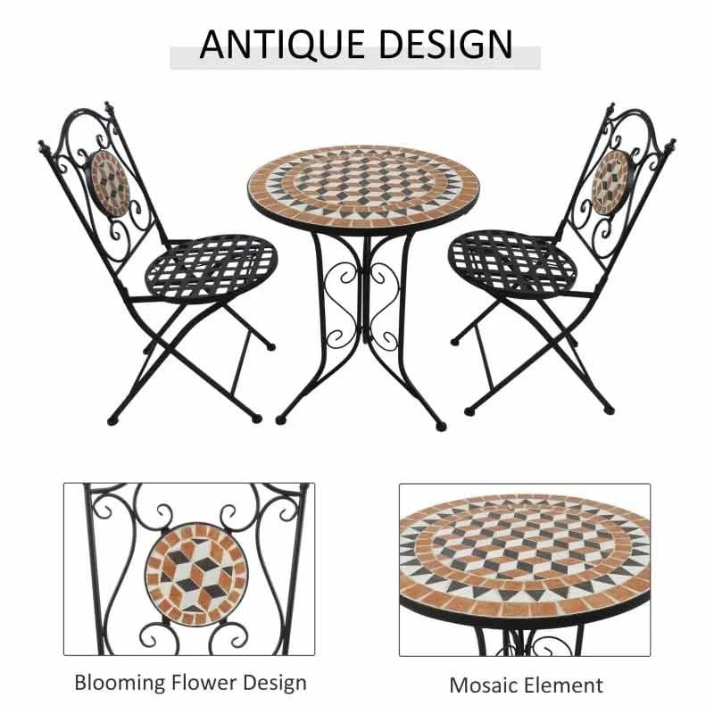 Outsunny 3 Piece Vintage Mosaic Bistro Set Chairs & Round Table Outdoor Furniture - Black Orange & White - 84B-260 9 Outsunny 3 Piece Vintage Mosaic Bistro Set Chairs & Round Table Outdoor Furniture - Black Orange & White - 84B-260 - Image 9