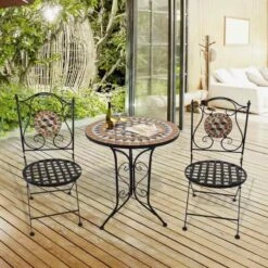 Outsunny 3 Piece Vintage Mosaic Bistro Set Chairs & Round Table Outdoor Furniture - Black Orange & White - 84B-260