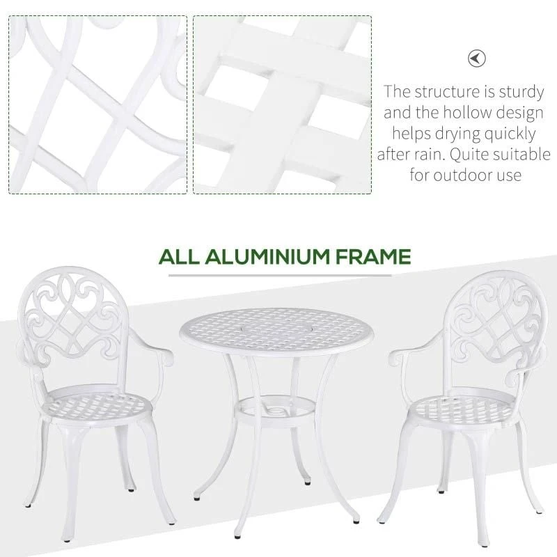 Outsunny 3 Piece Aluminium Bistro Set - White - 84B-505 6 Outsunny 3 Piece Aluminium Bistro Set - White - 84B-505 - Image 6