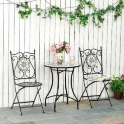 Outsunny 3 Piece Mosaic Tile Bistro Set Table And Folding Chairs - Grey - 84B-525