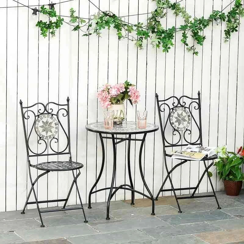 Outsunny 3 Piece Mosaic Tile Bistro Set Table And Folding Chairs - Grey - 84B-525 1 Outsunny 3 Piece Mosaic Tile Bistro Set Table And Folding Chairs - Grey - 84B-525