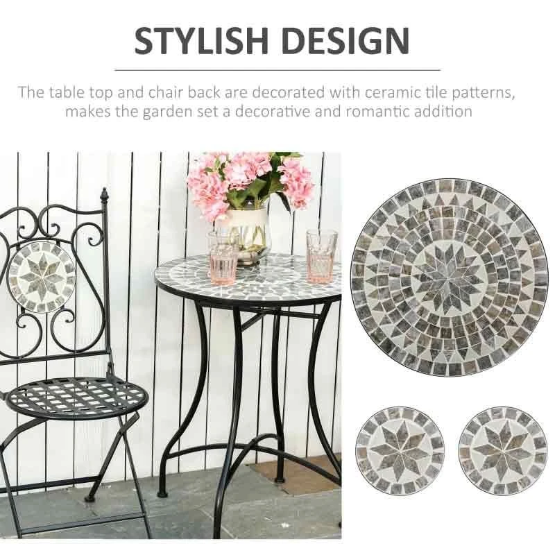 Outsunny 3 Piece Mosaic Tile Bistro Set Table And Folding Chairs - Grey - 84B-525 9 Outsunny 3 Piece Mosaic Tile Bistro Set Table And Folding Chairs - Grey - 84B-525 - Image 9