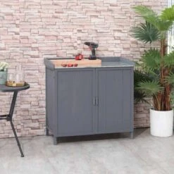 Outsunny Outdoor Garden Wooden Storage Cabinet 98W X 48D X 95.5Hcm - Grey - 84B-636GY