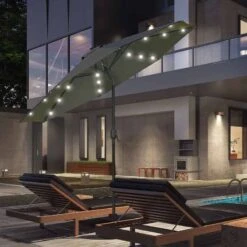 Outsunny 2.7m LED Patio Parasol With Push Button Tilt Crank & 8 Rib - Grey - 84D-018CG