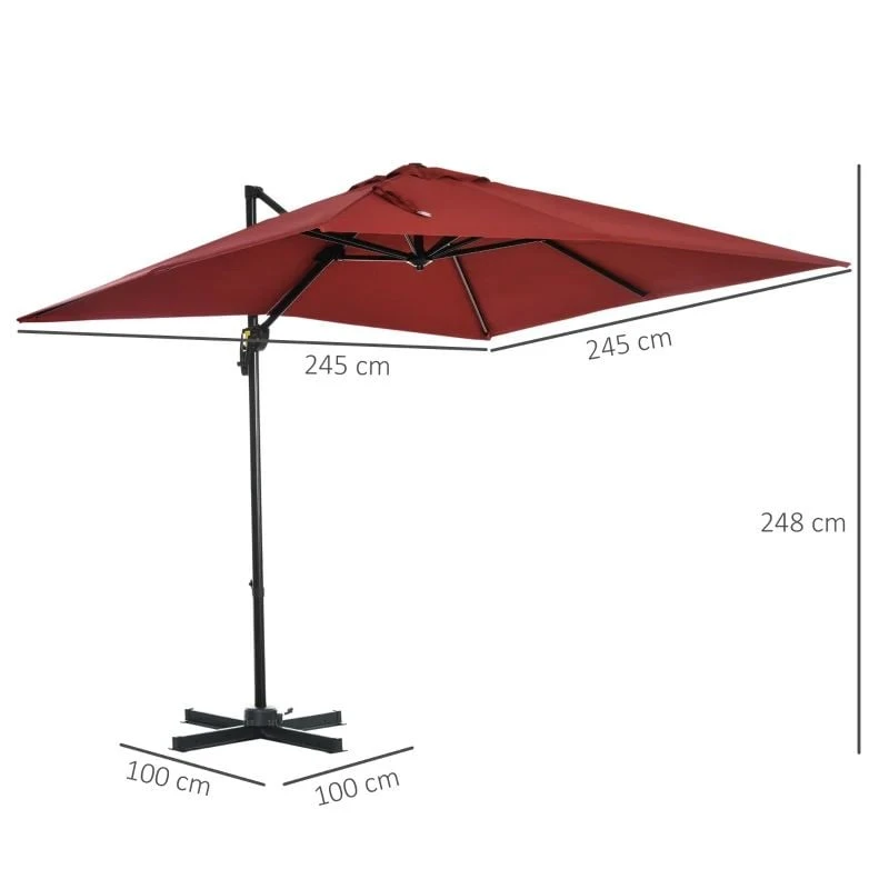 Outsunny 2.5 X 2.5m Offset Cantilever Parasol Hanging 360° Rotation With Crank Handle And Cross Base - Wine Red - 84D-051V00WR 10 Outsunny 2.5 X 2.5m Offset Cantilever Parasol Hanging 360° Rotation With Crank Handle And Cross Base - Wine Red - 84D-051V00WR - Image 10