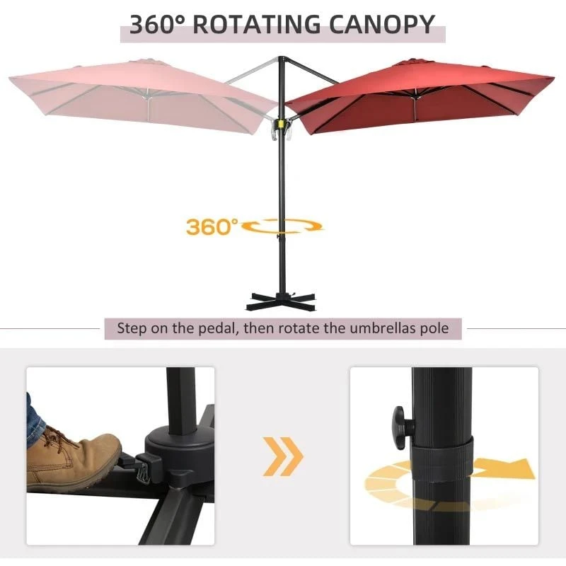 Outsunny 2.5 X 2.5m Offset Cantilever Parasol Hanging 360° Rotation With Crank Handle And Cross Base - Wine Red - 84D-051V00WR 9 Outsunny 2.5 X 2.5m Offset Cantilever Parasol Hanging 360° Rotation With Crank Handle And Cross Base - Wine Red - 84D-051V00WR - Image 9