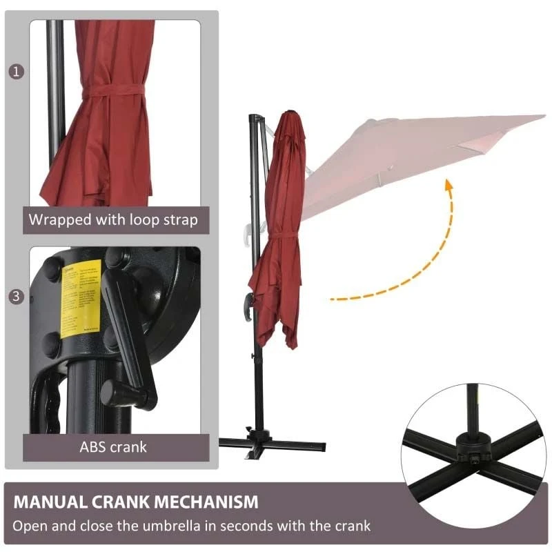 Outsunny 2.5 X 2.5m Offset Cantilever Parasol Hanging 360° Rotation With Crank Handle And Cross Base - Wine Red - 84D-051V00WR 7 Outsunny 2.5 X 2.5m Offset Cantilever Parasol Hanging 360° Rotation With Crank Handle And Cross Base - Wine Red - 84D-051V00WR - Image 7