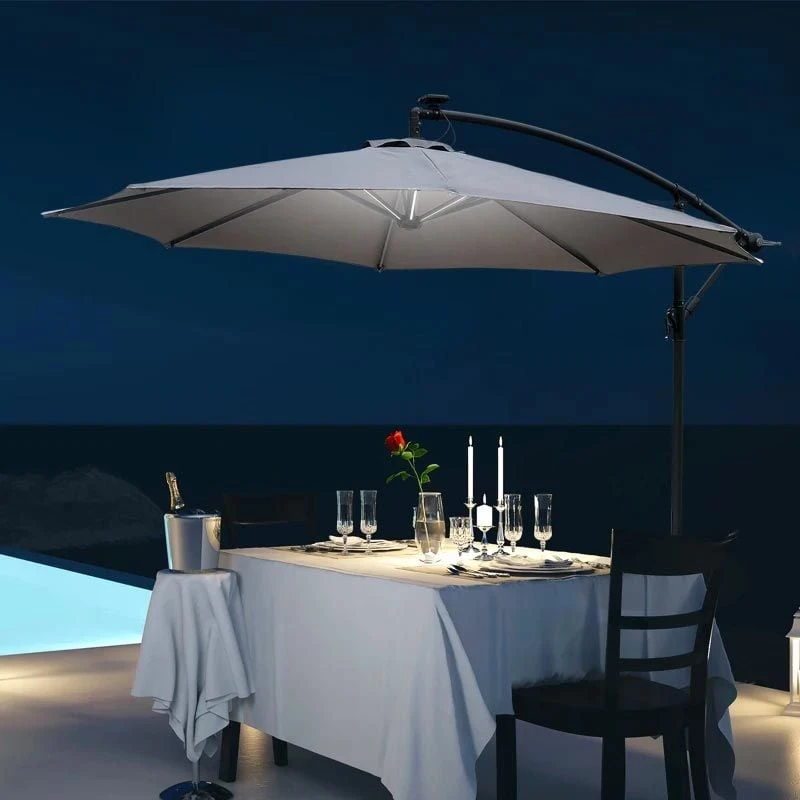 Outsunny 2.95m LED Patio Banana Umbrella Cantilever Parasol With Crank Cross Base - Grey - 84D-066GY 1 Outsunny 2.95m LED Patio Banana Umbrella Cantilever Parasol With Crank Cross Base - Grey - 84D-066GY