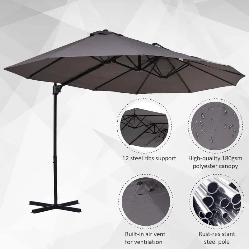 Outsunny Double Canopy Offset Parasol With Steel Pole 12 Ribs - Grey - 84D-085GY 7 Outsunny Double Canopy Offset Parasol With Steel Pole 12 Ribs - Grey - 84D-085GY - Image 7