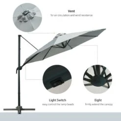 Outsunny 3m LED Cantilever Garden Parasol With Cross Base And Solar Lights - Grey - 84D-099GY -OUTSUNNY Sales Shop outsunny 84d 099gy 6