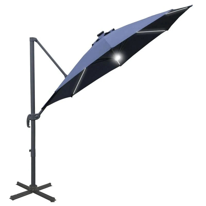 Outsunny 3m LED Cantilever Parasol With Base And Solar Lights - Blue - 84D-104NU 2 Outsunny 3m LED Cantilever Parasol With Base And Solar Lights - Blue - 84D-104NU - Image 2