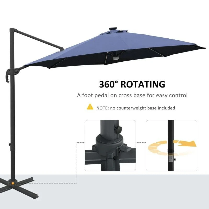 Outsunny 3m LED Cantilever Parasol With Base And Solar Lights - Blue - 84D-104NU 6 Outsunny 3m LED Cantilever Parasol With Base And Solar Lights - Blue - 84D-104NU - Image 6