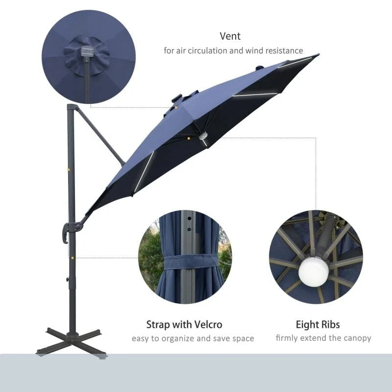 Outsunny 3m LED Cantilever Parasol With Base And Solar Lights - Blue - 84D-104NU 5 Outsunny 3m LED Cantilever Parasol With Base And Solar Lights - Blue - 84D-104NU - Image 5
