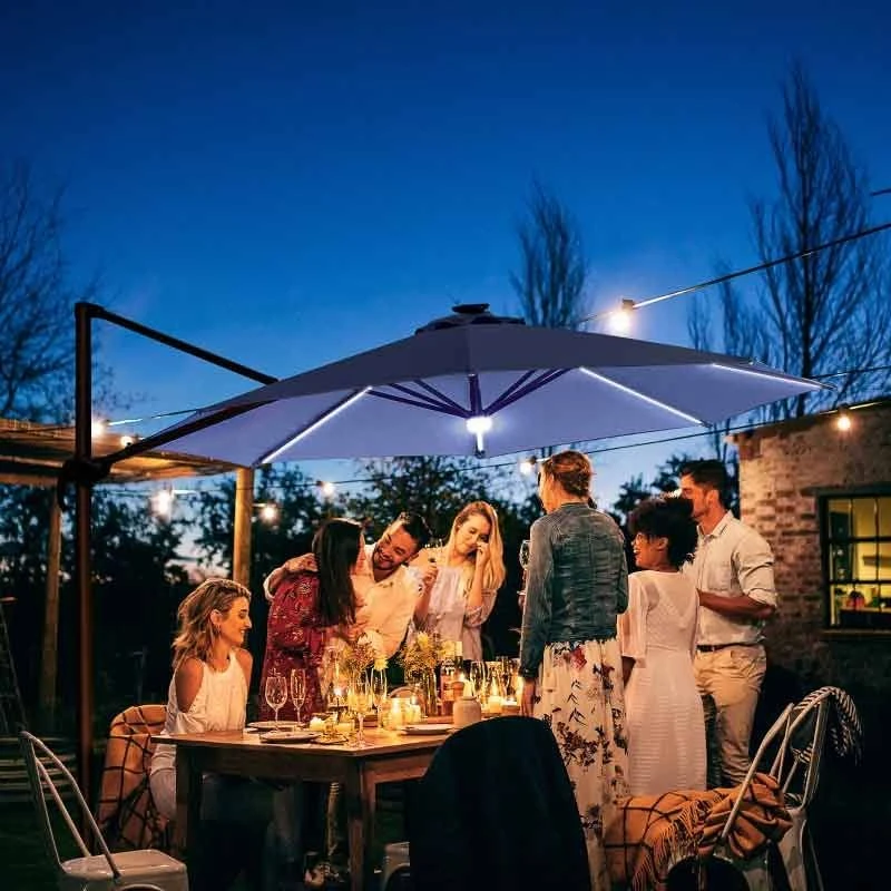 Outsunny 3m LED Cantilever Parasol With Base And Solar Lights - Blue - 84D-104NU 1 Outsunny 3m LED Cantilever Parasol With Base And Solar Lights - Blue - 84D-104NU