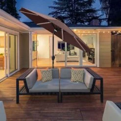 Outsunny 2.7m Patio Parasol With LED Solar Light & Crank Tilt - Coffee Brown - 84D-105CF