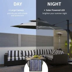 Outsunny 3m Cantilever Parasol With Solar Lights Power Bank Base 360° Spin - Dark Grey - 84D-109V01CG -OUTSUNNY Sales Shop outsunny 84d 109v01cg 3