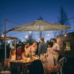 Outsunny 3m LED Cantilever Parasol Adjustable Garden Umbrella With Base Solar Lights - Beige - 84D-110 -OUTSUNNY Sales Shop outsunny 84d 110 1