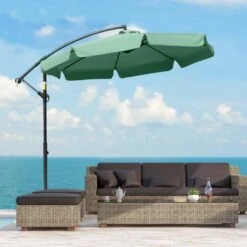 Outsunny 2.7m Banana Cantilever Parasol With Crank Handle And Cross Base - Green - 84D-161GN
