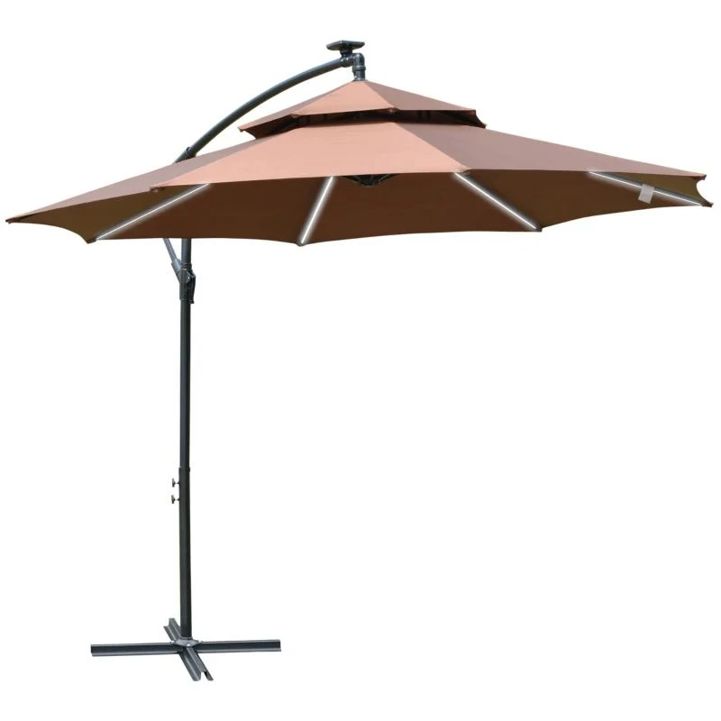 Outsunny 3m Cantilever Banana Parasol With LED Solar Lights, Crank, 8 Sturdy Ribs And Cross Base - Coffee - 84D-180CF 2 Outsunny 3m Cantilever Banana Parasol With LED Solar Lights, Crank, 8 Sturdy Ribs And Cross Base - Coffee - 84D-180CF - Image 2