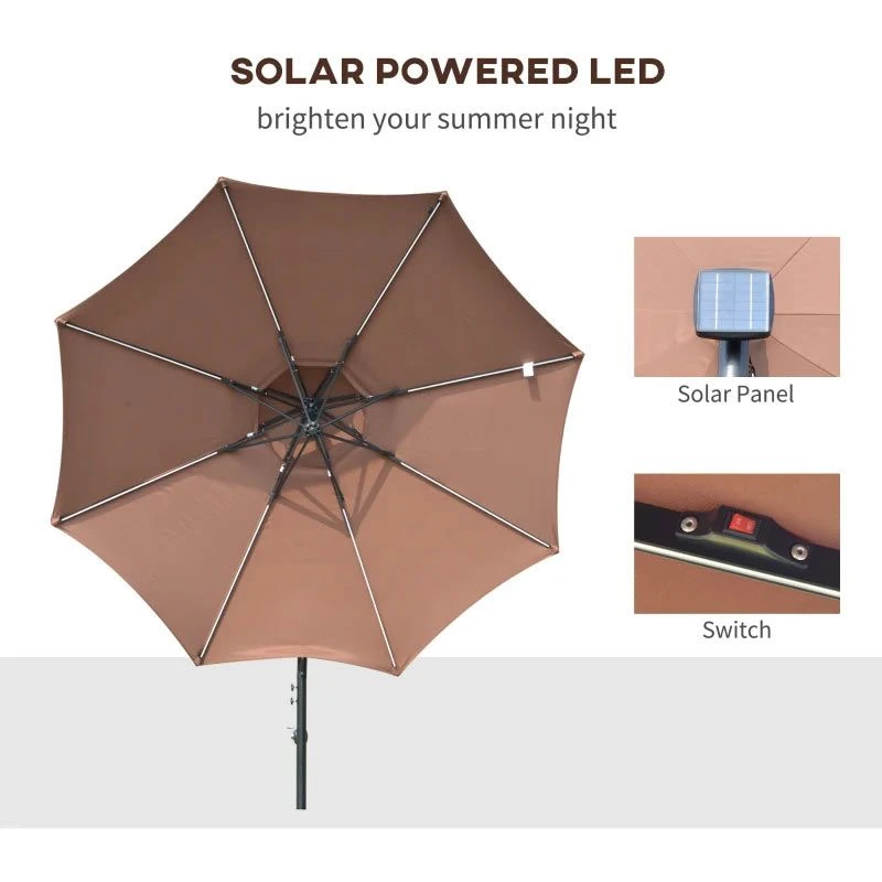 Outsunny 3m Cantilever Banana Parasol With LED Solar Lights, Crank, 8 Sturdy Ribs And Cross Base - Coffee - 84D-180CF 9 Outsunny 3m Cantilever Banana Parasol With LED Solar Lights, Crank, 8 Sturdy Ribs And Cross Base - Coffee - 84D-180CF - Image 9