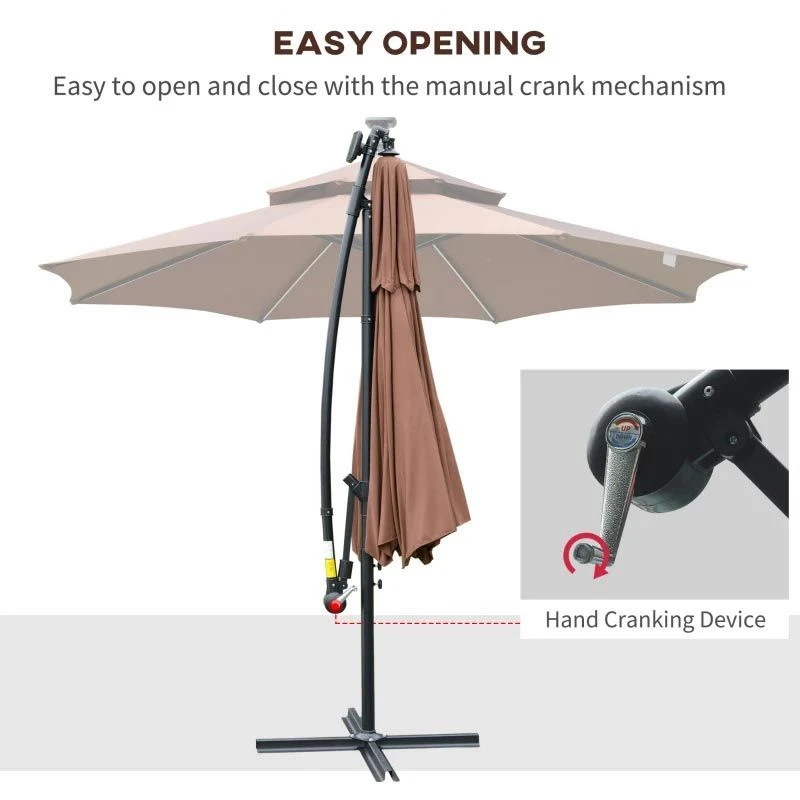 Outsunny 3m Cantilever Banana Parasol With LED Solar Lights, Crank, 8 Sturdy Ribs And Cross Base - Coffee - 84D-180CF 8 Outsunny 3m Cantilever Banana Parasol With LED Solar Lights, Crank, 8 Sturdy Ribs And Cross Base - Coffee - 84D-180CF - Image 8