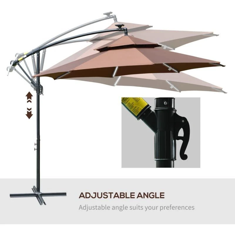 Outsunny 3m Cantilever Banana Parasol With LED Solar Lights, Crank, 8 Sturdy Ribs And Cross Base - Coffee - 84D-180CF 7 Outsunny 3m Cantilever Banana Parasol With LED Solar Lights, Crank, 8 Sturdy Ribs And Cross Base - Coffee - 84D-180CF - Image 7
