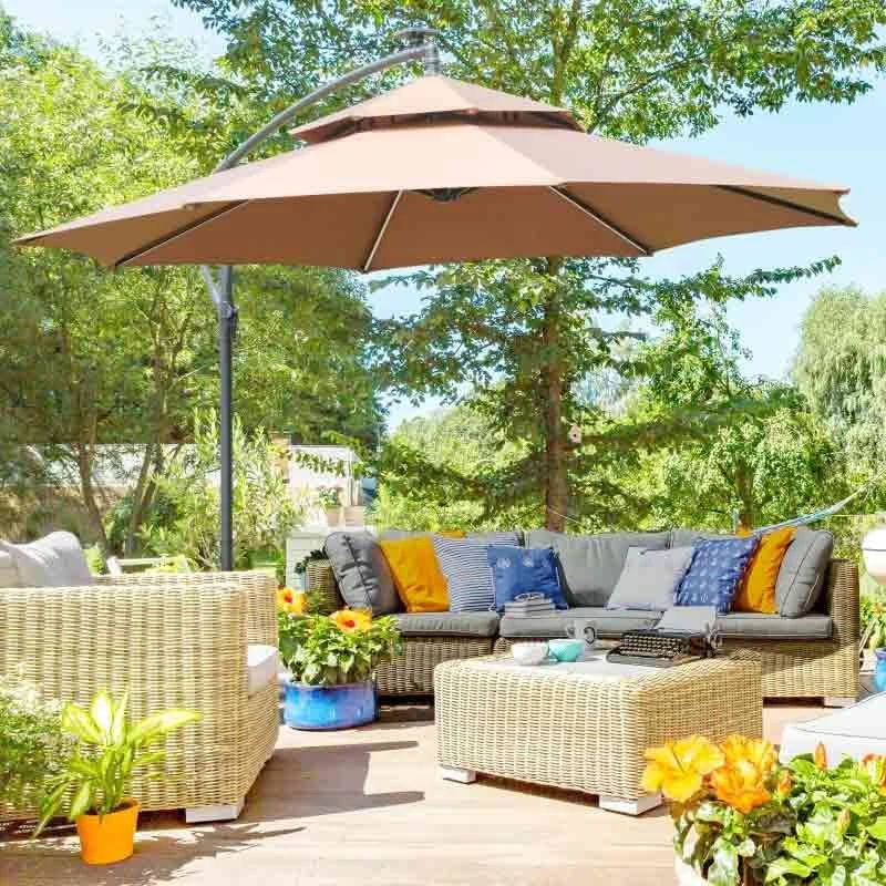 Outsunny 3m Cantilever Banana Parasol With LED Solar Lights, Crank, 8 Sturdy Ribs And Cross Base - Coffee - 84D-180CF 1 Outsunny 3m Cantilever Banana Parasol With LED Solar Lights, Crank, 8 Sturdy Ribs And Cross Base - Coffee - 84D-180CF