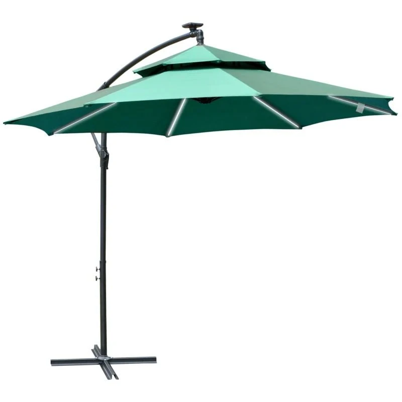 Outsunny 3m Cantilever Banana Parasol With LED Solar Lights, Crank, 8 Sturdy Ribs And Cross Base - Green - 84D-180GN 2 Outsunny 3m Cantilever Banana Parasol With LED Solar Lights, Crank, 8 Sturdy Ribs And Cross Base - Green - 84D-180GN - Image 2