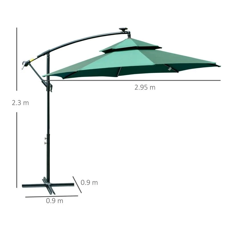 Outsunny 3m Cantilever Banana Parasol With LED Solar Lights, Crank, 8 Sturdy Ribs And Cross Base - Green - 84D-180GN 9 Outsunny 3m Cantilever Banana Parasol With LED Solar Lights, Crank, 8 Sturdy Ribs And Cross Base - Green - 84D-180GN - Image 9