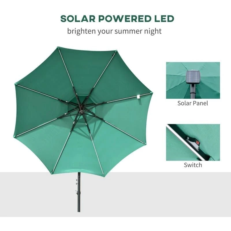 Outsunny 3m Cantilever Banana Parasol With LED Solar Lights, Crank, 8 Sturdy Ribs And Cross Base - Green - 84D-180GN 8 Outsunny 3m Cantilever Banana Parasol With LED Solar Lights, Crank, 8 Sturdy Ribs And Cross Base - Green - 84D-180GN - Image 8