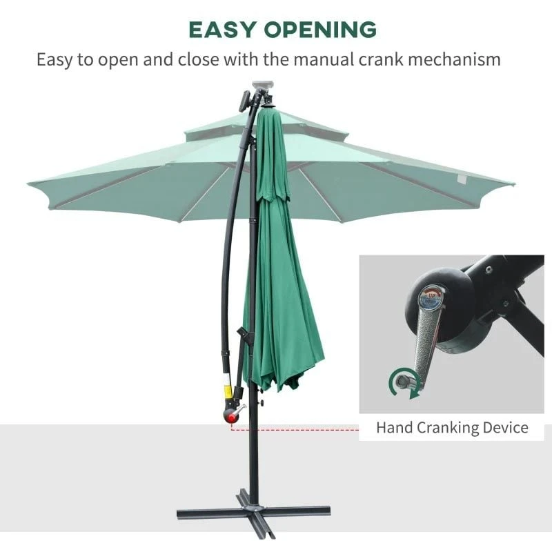 Outsunny 3m Cantilever Banana Parasol With LED Solar Lights, Crank, 8 Sturdy Ribs And Cross Base - Green - 84D-180GN 5 Outsunny 3m Cantilever Banana Parasol With LED Solar Lights, Crank, 8 Sturdy Ribs And Cross Base - Green - 84D-180GN - Image 5