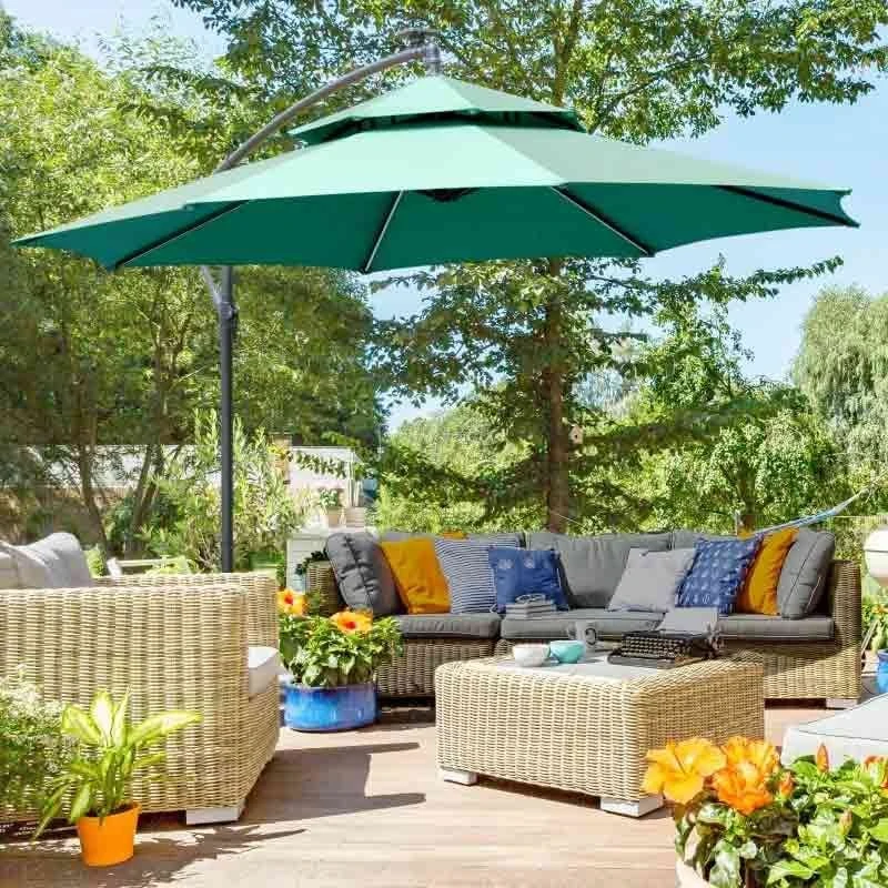 Outsunny 3m Cantilever Banana Parasol With LED Solar Lights, Crank, 8 Sturdy Ribs And Cross Base - Green - 84D-180GN 1 Outsunny 3m Cantilever Banana Parasol With LED Solar Lights, Crank, 8 Sturdy Ribs And Cross Base - Green - 84D-180GN