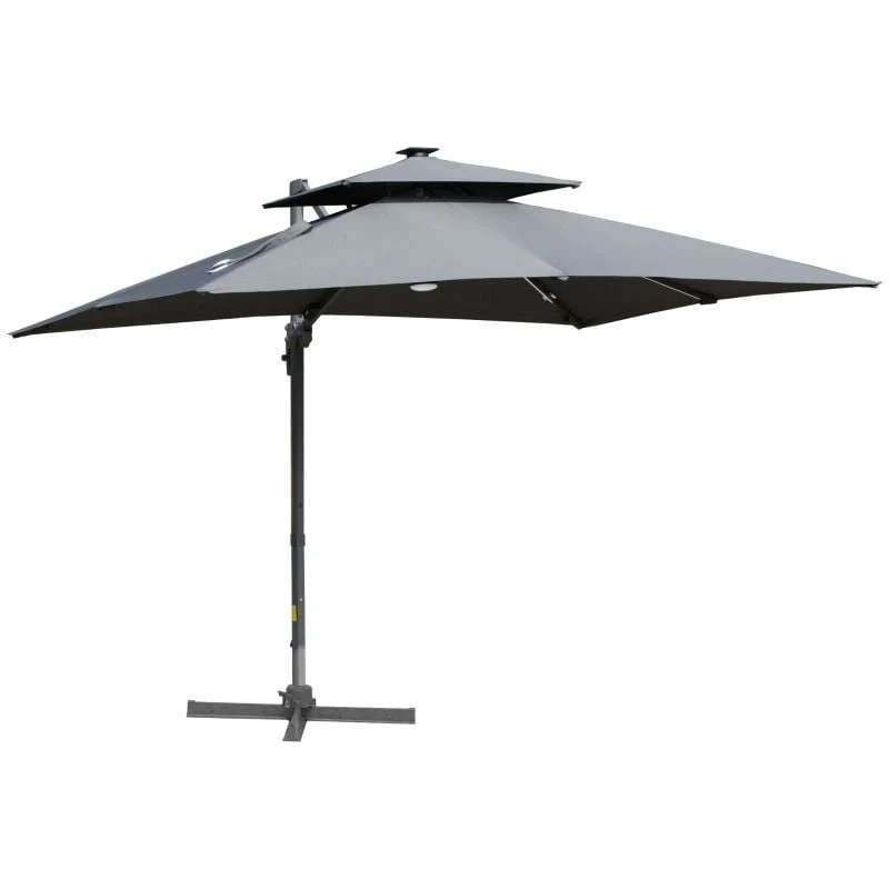 Outsunny 3m Cantilever Parasol Solar LED Lighted Hanging Canopy With Tilt And Crank Handle And Cross Base - Grey - 84D-184CG 2 Outsunny 3m Cantilever Parasol Solar LED Lighted Hanging Canopy With Tilt And Crank Handle And Cross Base - Grey - 84D-184CG - Image 2