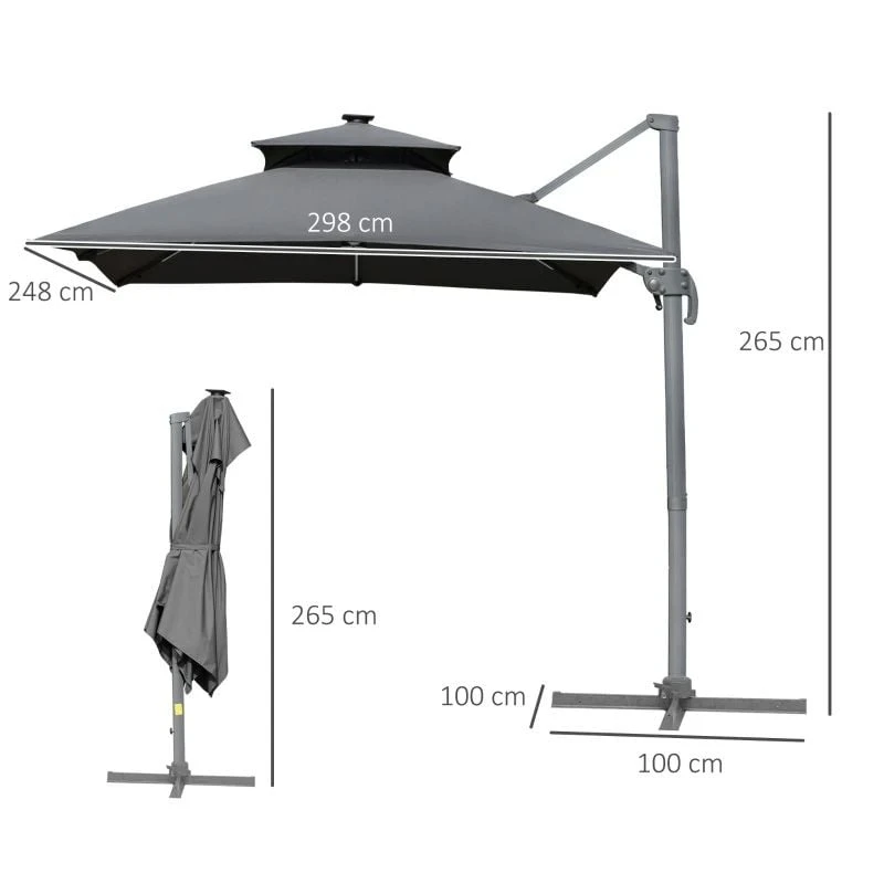 Outsunny 3m Cantilever Parasol Solar LED Lighted Hanging Canopy With Tilt And Crank Handle And Cross Base - Grey - 84D-184CG 10 Outsunny 3m Cantilever Parasol Solar LED Lighted Hanging Canopy With Tilt And Crank Handle And Cross Base - Grey - 84D-184CG - Image 10