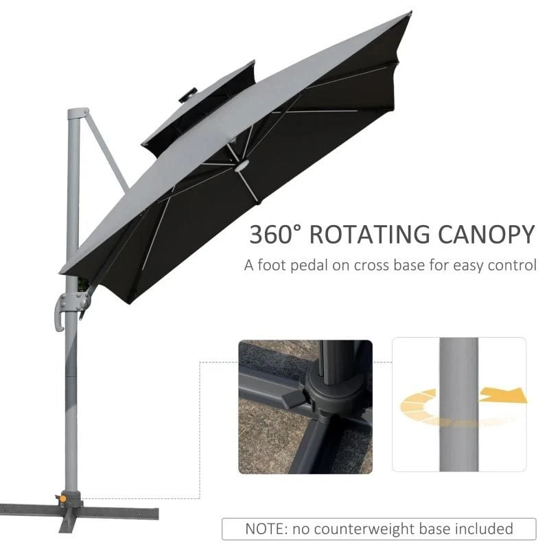 Outsunny 3m Cantilever Parasol Solar LED Lighted Hanging Canopy With Tilt And Crank Handle And Cross Base - Grey - 84D-184CG 9 Outsunny 3m Cantilever Parasol Solar LED Lighted Hanging Canopy With Tilt And Crank Handle And Cross Base - Grey - 84D-184CG - Image 9