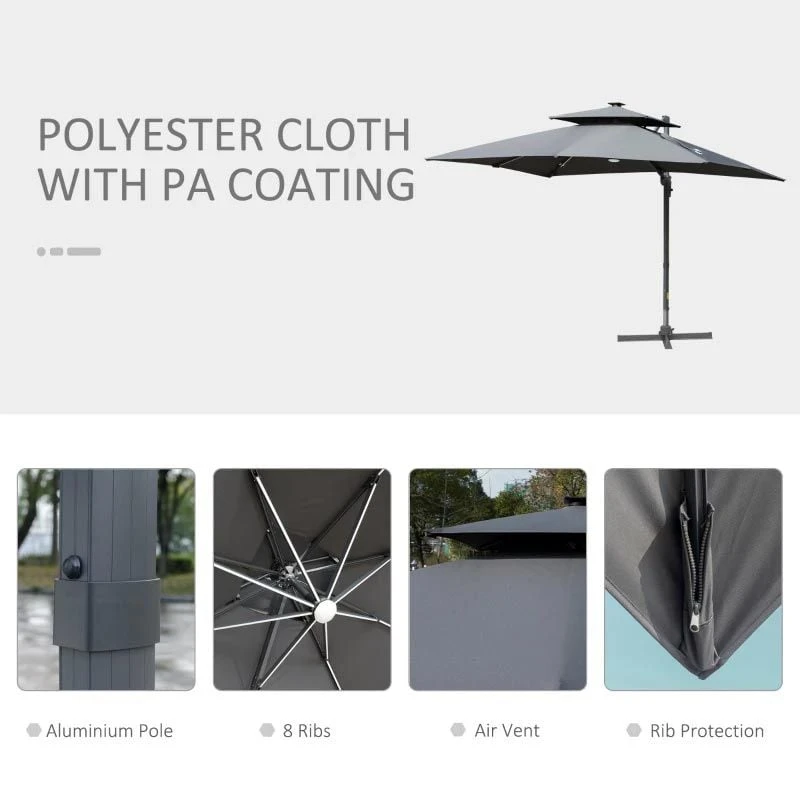Outsunny 3m Cantilever Parasol Solar LED Lighted Hanging Canopy With Tilt And Crank Handle And Cross Base - Grey - 84D-184CG 7 Outsunny 3m Cantilever Parasol Solar LED Lighted Hanging Canopy With Tilt And Crank Handle And Cross Base - Grey - 84D-184CG - Image 7